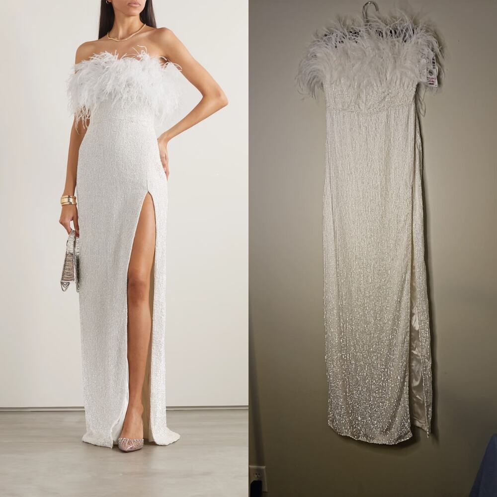 Retrofête Dolly Strapless Feather-Trim Sequin Satin Gown